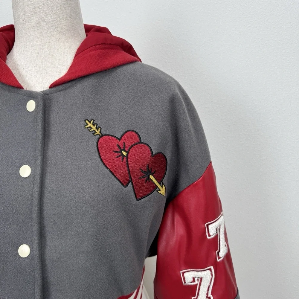 Forever 21 Varsity Jacket Womens Small Red Crop Baby Girl Y2K Bratz Streetwear - Picture 8 of 14
